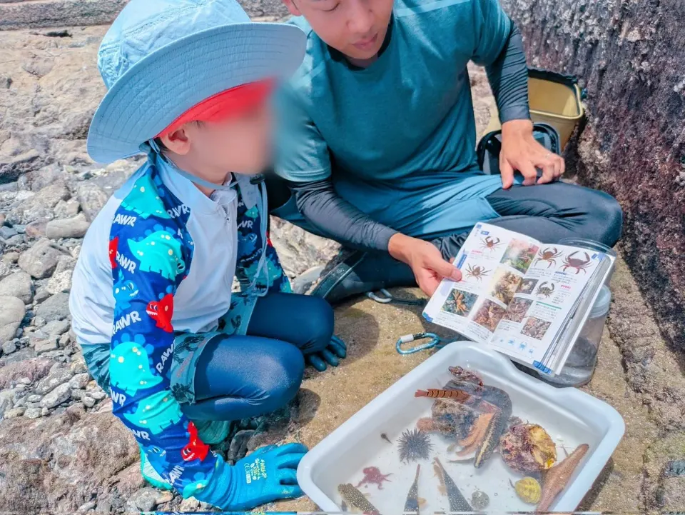 図鑑を広げて教えてくれるガイドと子ども