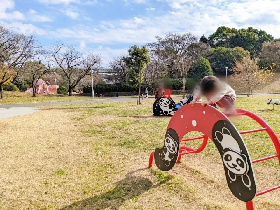 パンダの絵が付いた低い遊具で遊ぶ子ども
