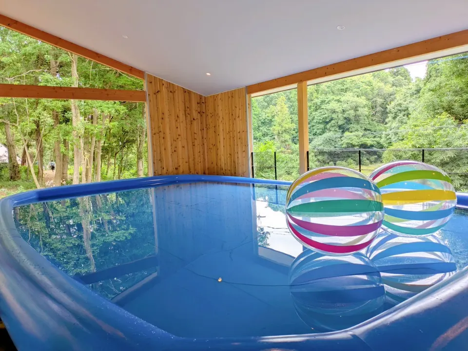ビーチボールが浮かぶ屋根付きのプール