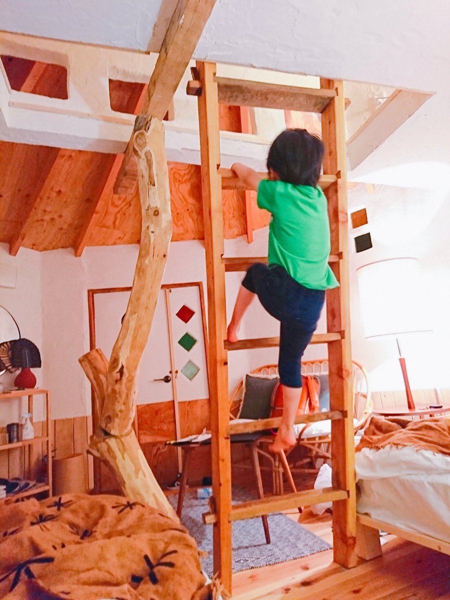 ツリーハウス室内のロフトへはしごで登る子ども