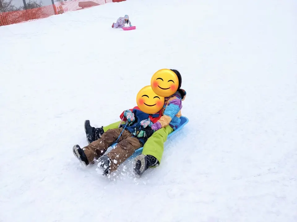 ソリに乗る兄弟