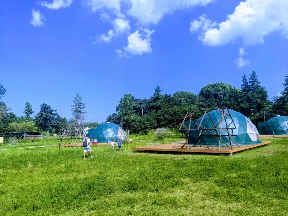 芝生の広場に並ぶドームテント