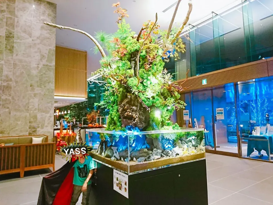 ホテルロビーのアクアリウムと生花