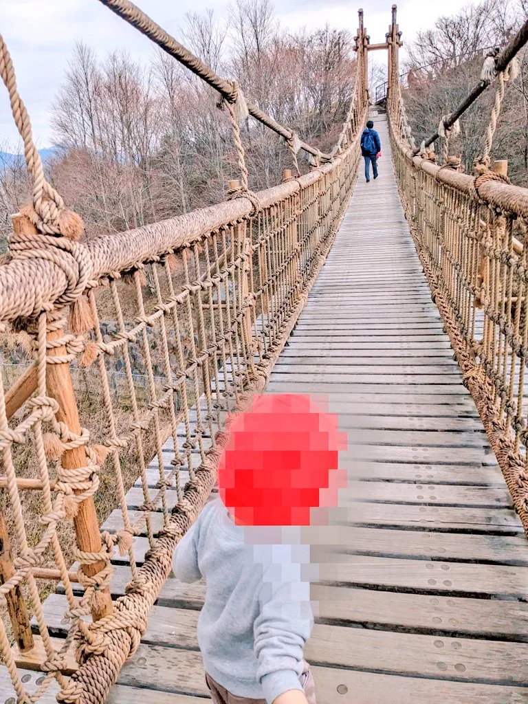長い吊り橋を渡る子ども
